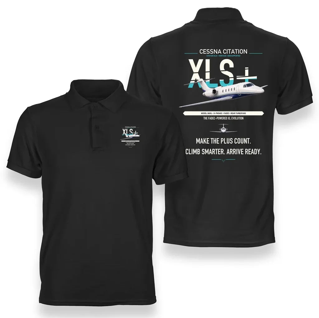 Cessna Citation XLSPlus design on black double-side polo t-shirt, double-side print