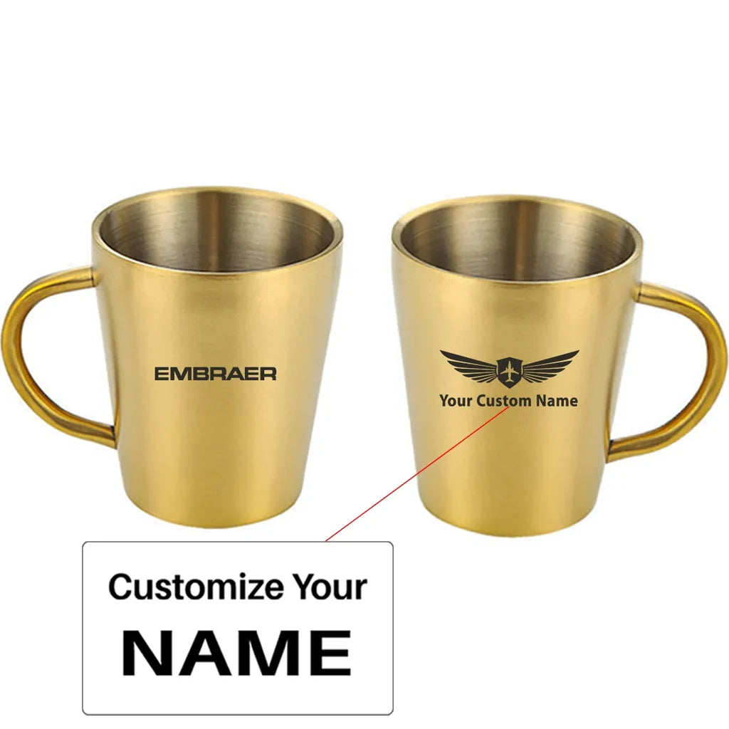 Embraer & Text aviation design on stainless coffee mug, durable stainless steel construction.