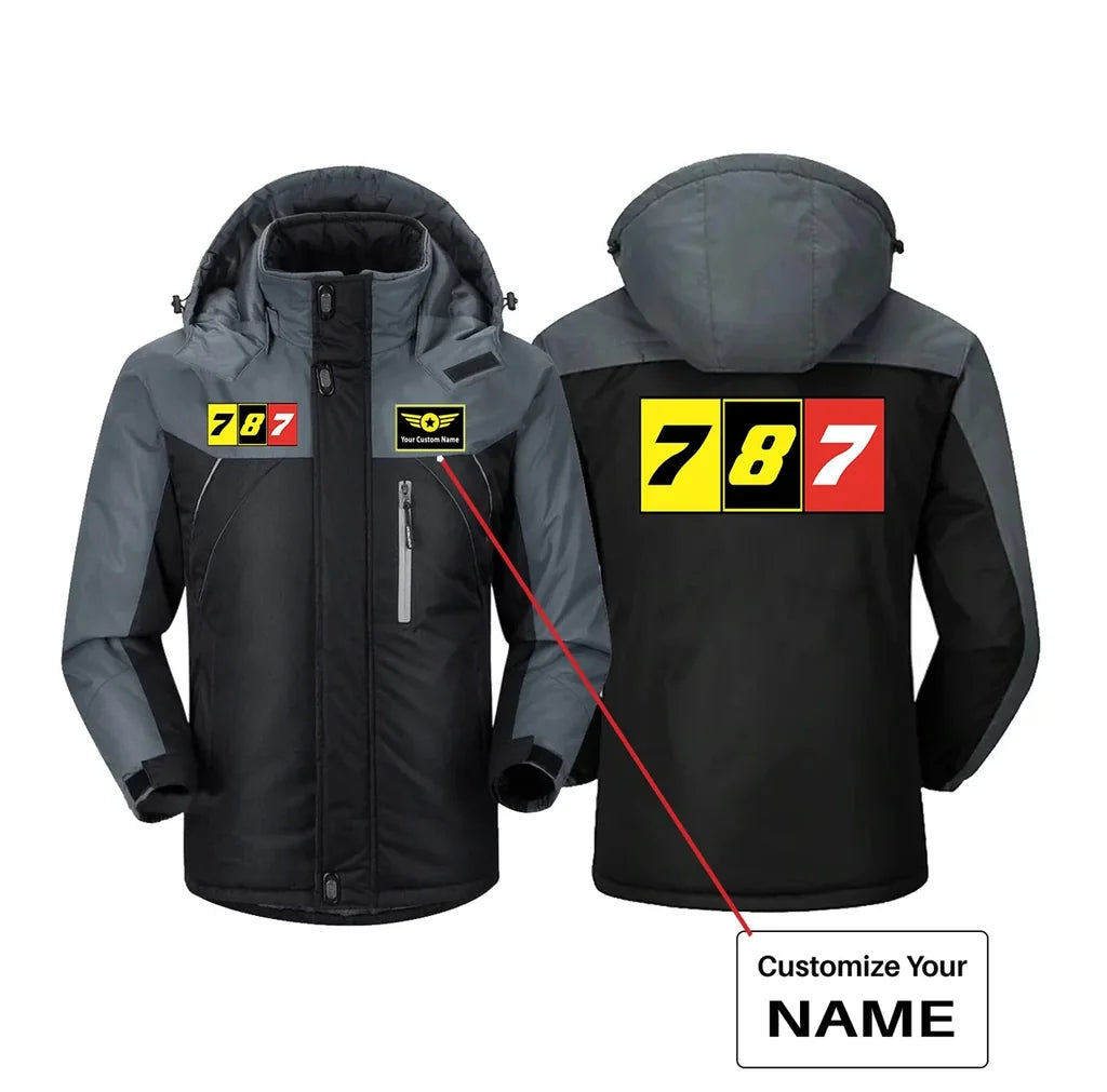 Flat Colourful 787 aviation design printed on heavyweight insulated shell thick winter jacket.