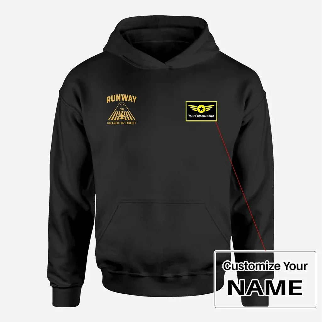 Cleared For Takeoff aviation design on soft cotton blend men's hoodie with small chest logo.