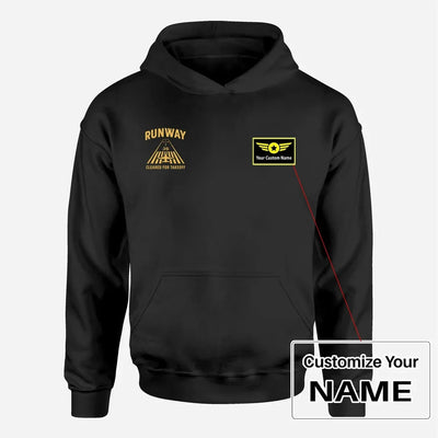Cleared For Takeoff aviation design on soft cotton blend men's hoodie with small chest logo.
