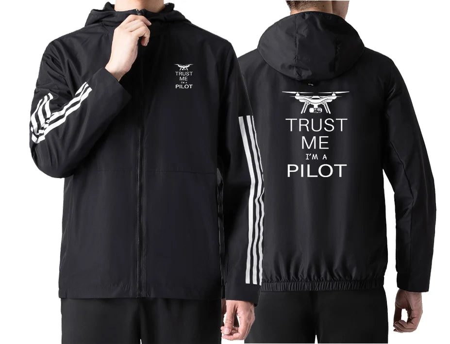 Trust Me I'm a Pilot (Drone) Sport Style aviation design printed on lightweight windproof shell windbreaker.