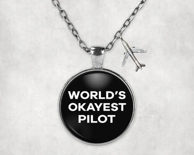 Side view of World's Okayest aviation necklace in stainless steel, polished finish.