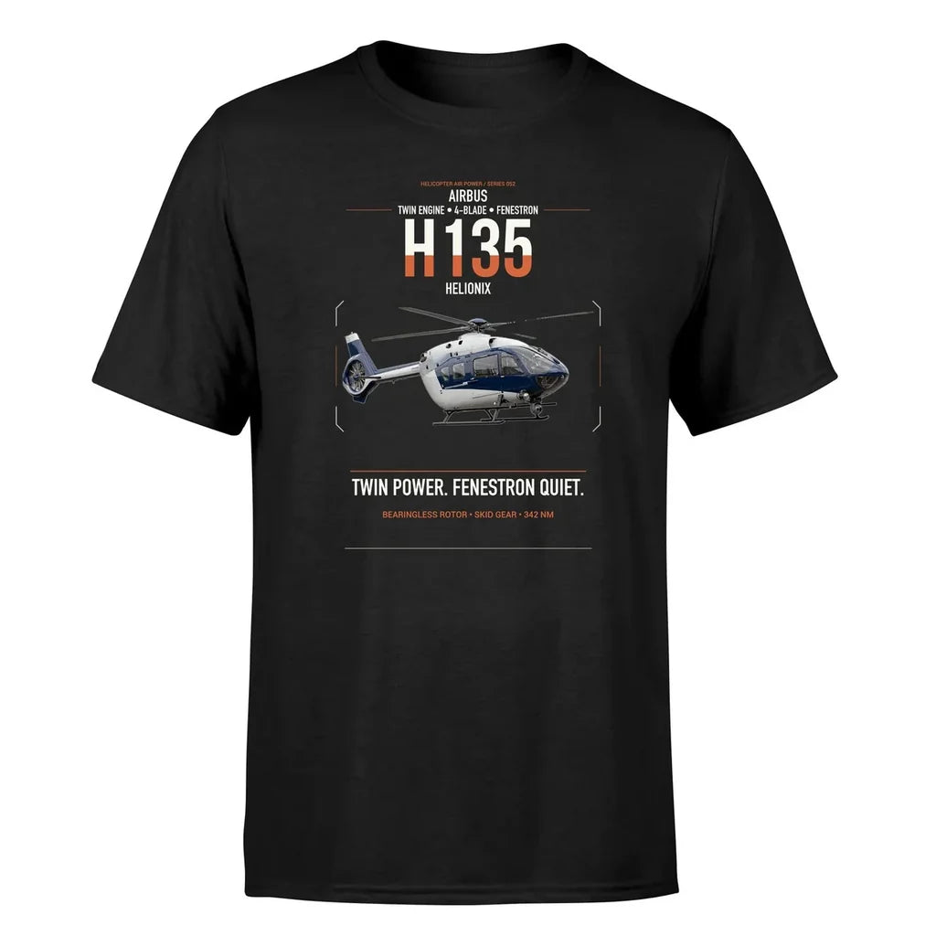 Airbus H135 design on black t-shirt, single-side print