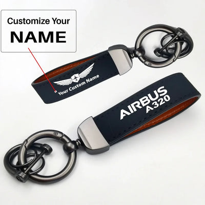 Side view of Airbus A320 & Text aviation horseshoe-buckle key chain in polished metal alloy, polished finish.