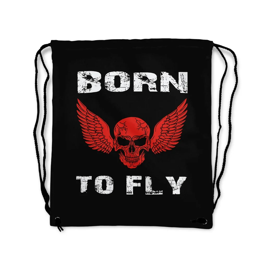 Born To Fly SKELETON aviation print drawstring bag, lightweight polyester.
