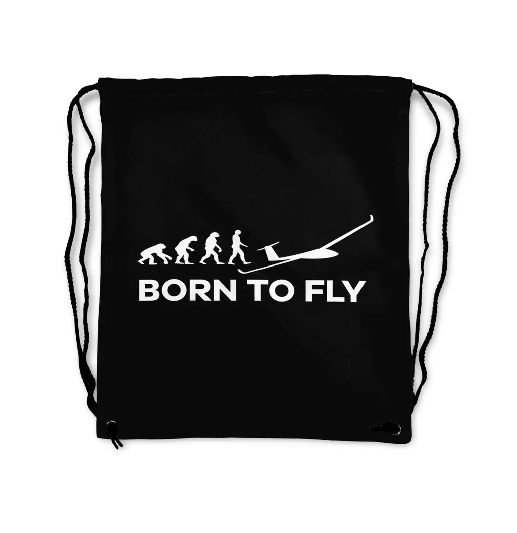 Born To Fly Glider aviation design drawstring bag, lightweight polyester construction.