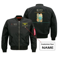 Thumbnail for Kuopio Airport (KUO) design on black bomber jacket with custom name patch
