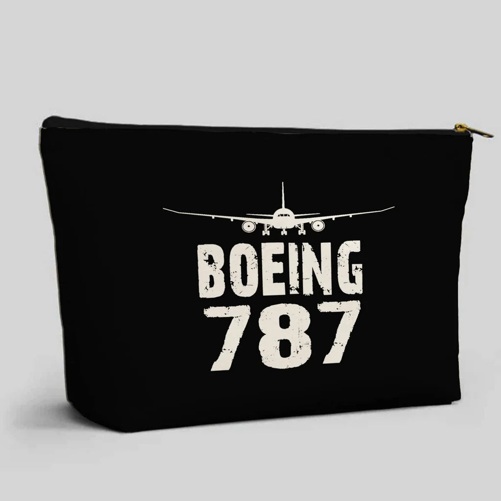 Boeing 787 & Plane aviation design zipper pouch, durable polyester construction.
