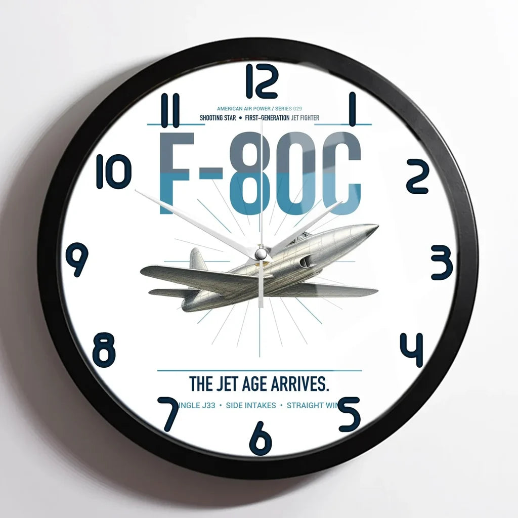 F-80C Shooting Star design on white framed wall clock