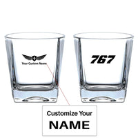 Thumbnail for Boeing 767 Flat Text aviation design on whiskey glass, crystal-clear premium glassware.
