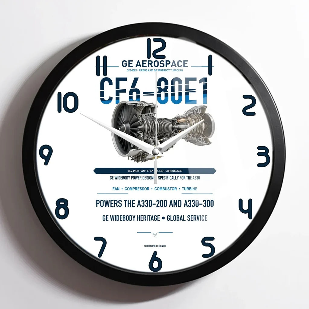 CF6-80E1 design on white framed wall clock
