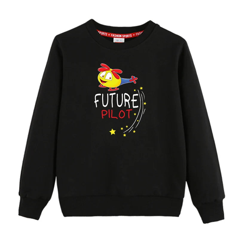Future Pilot (Helicopter) "CHILDREN" aviation design printed on soft cotton blend kids' sweatshirt.