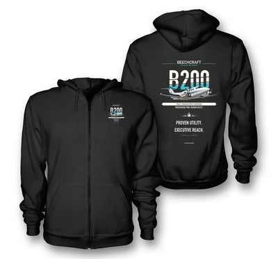 King Air B200 design on black zipped hoodie