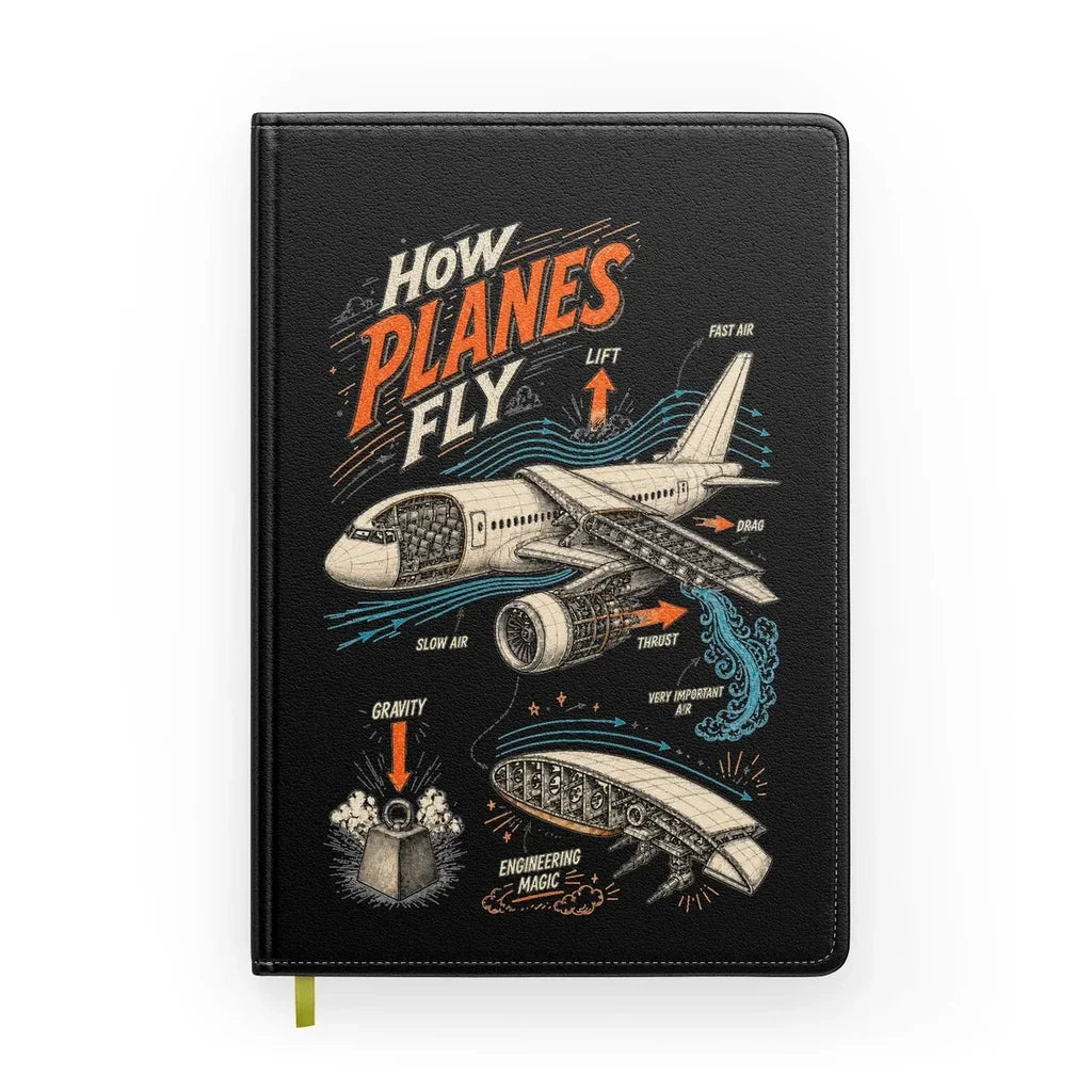 How Planes Fly V2 design on black notebook