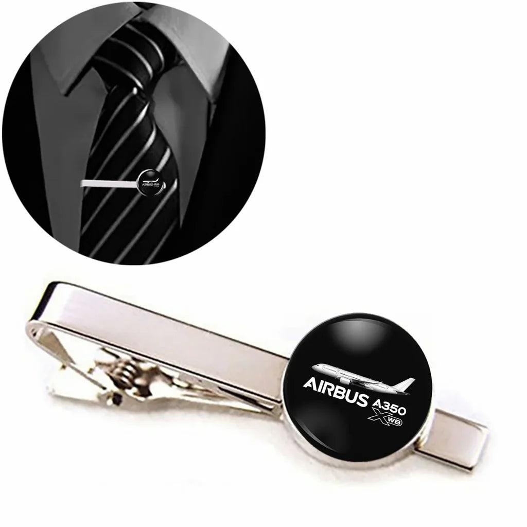 The Airbus A350 WXB aviation-themed tie clip, polished stainless steel.