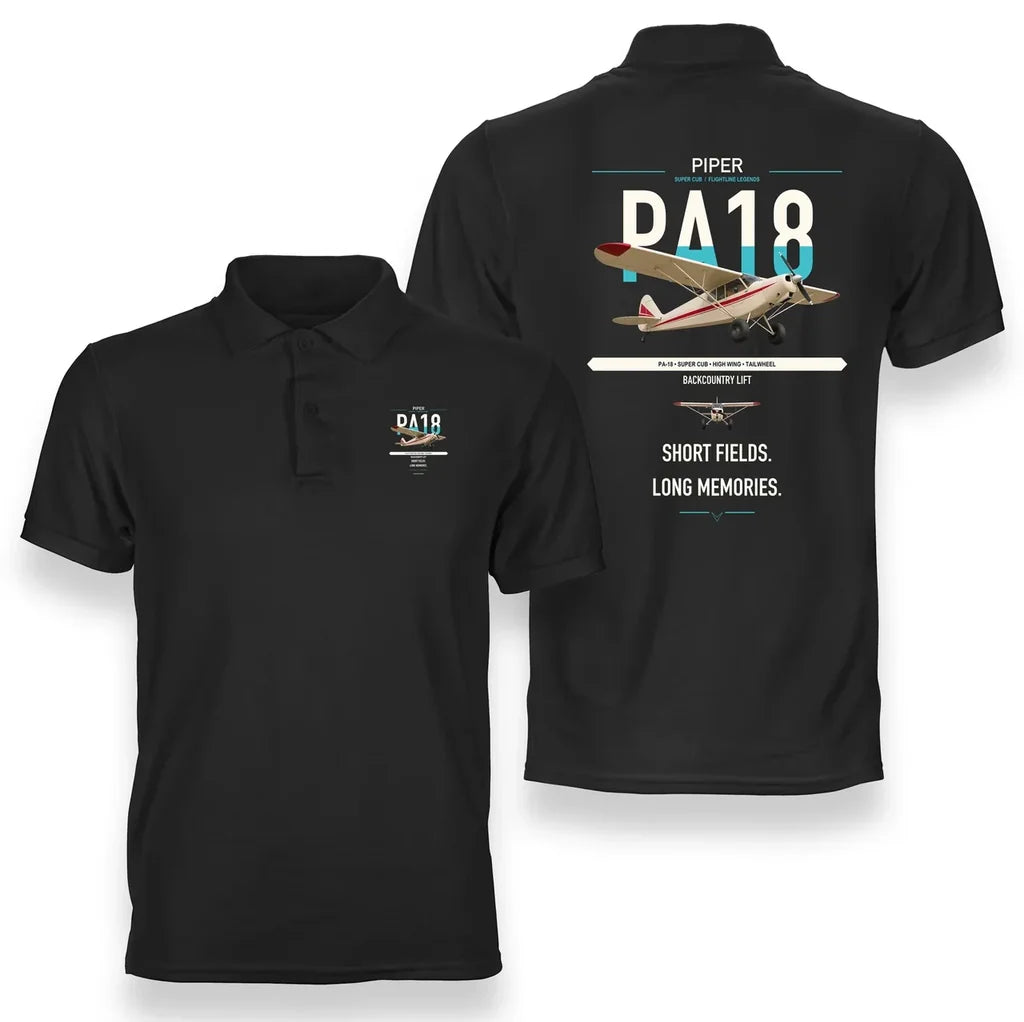 Piper PA-18 Super Cub design on black double-side polo t-shirt, double-side print