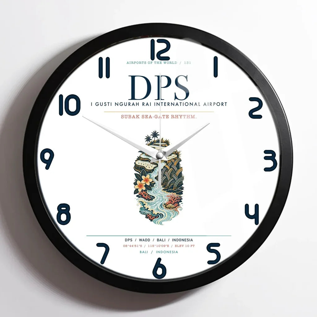 I Gusti Ngurah Rai International Airport Bali (DPS) design on white framed wall clock