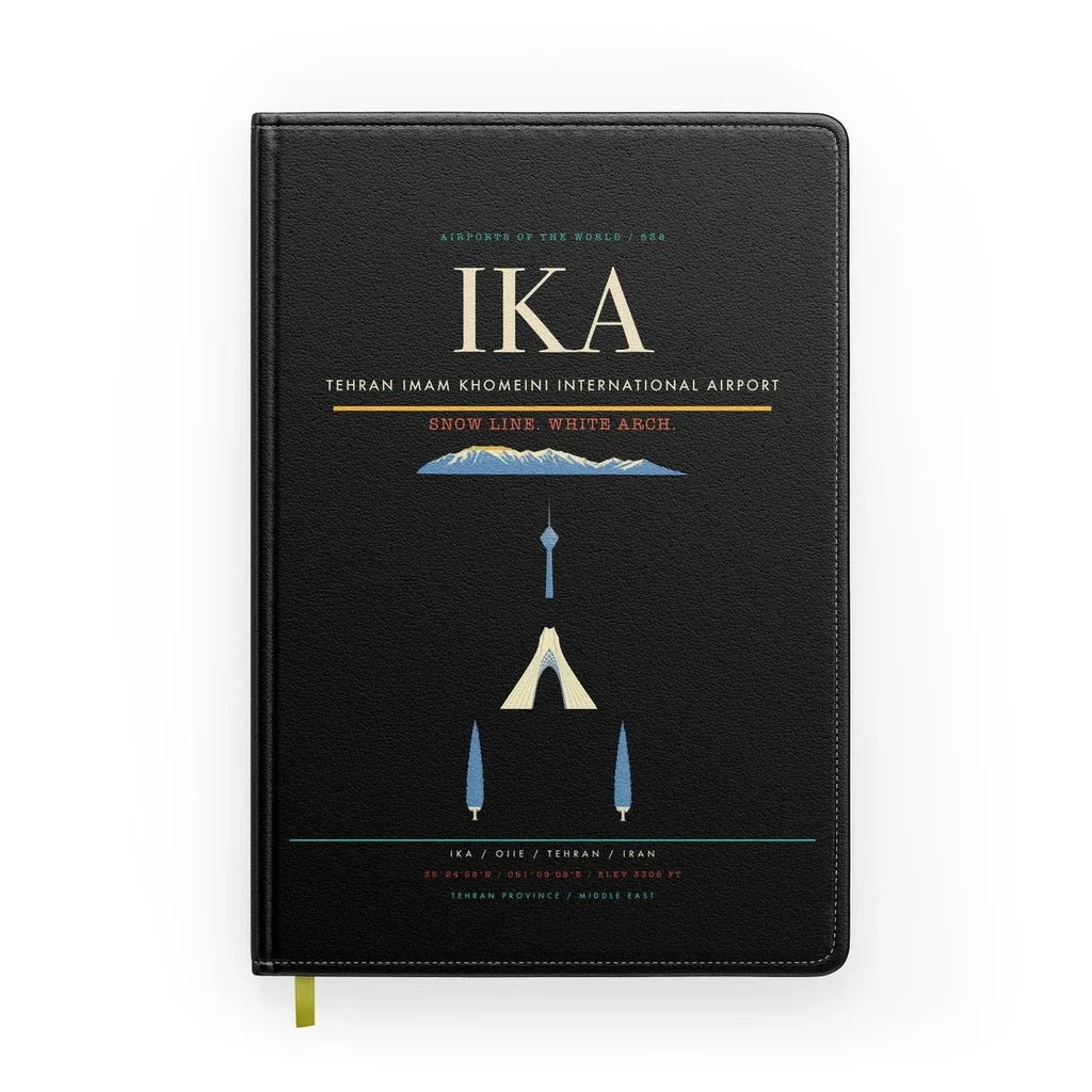 Tehran Imam Khomeini International Airport (IKA) design on black notebook