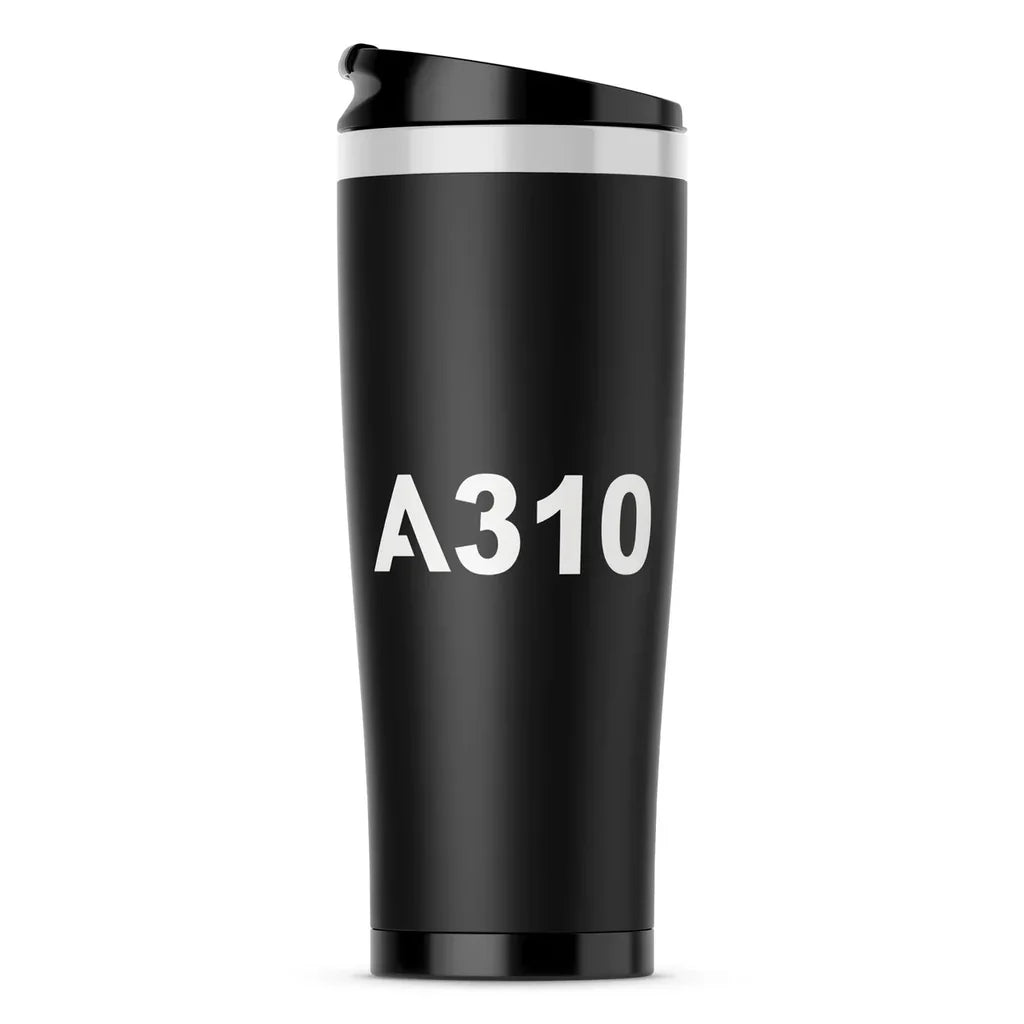 Airbus A310 Flat Text aviation design on travel mug no-holder, insulated double-wall.