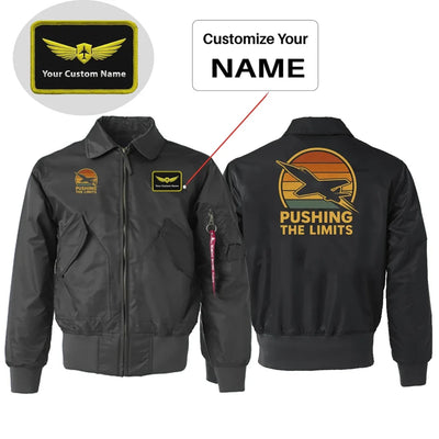 Pushing The Limits Retro Embroidered aviation design printed on padded shell with hook-and-loop patch panels patch bomber jac.