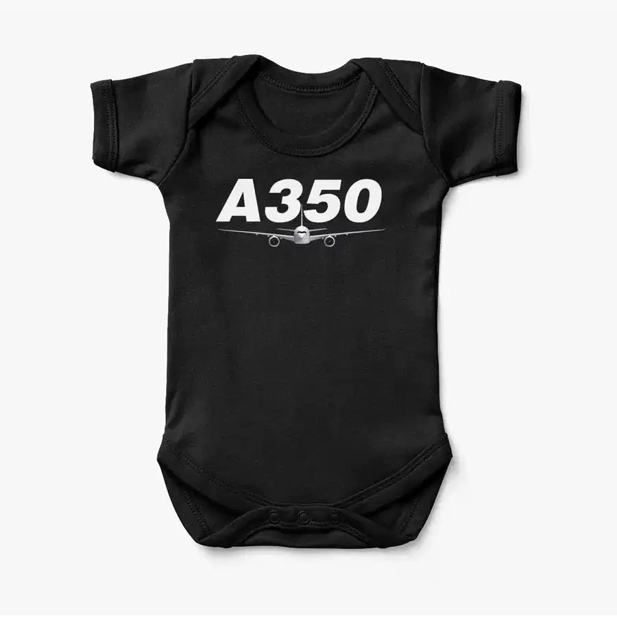 Super Airbus A350 aviation print on kids gentle cotton bodysuit.
