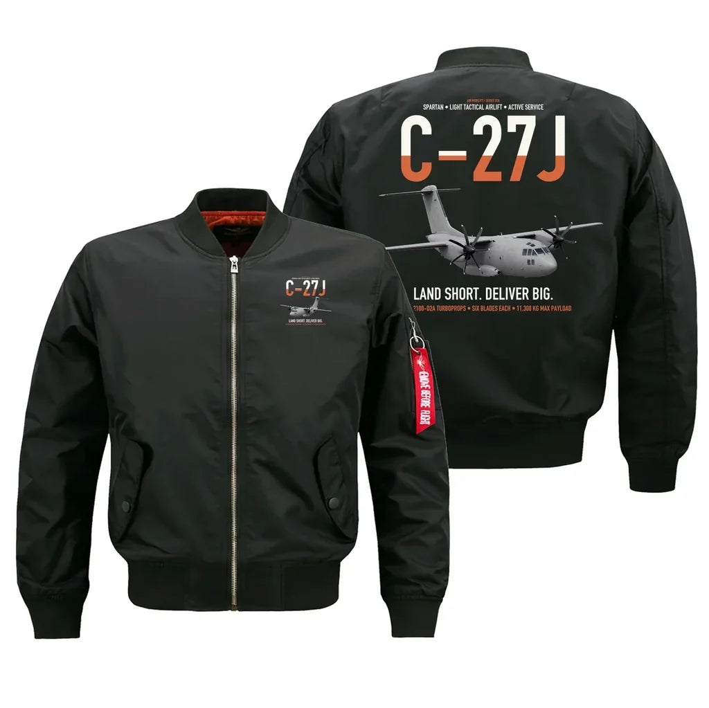 C-27J Spartan design on black bomber jacket, double-side print