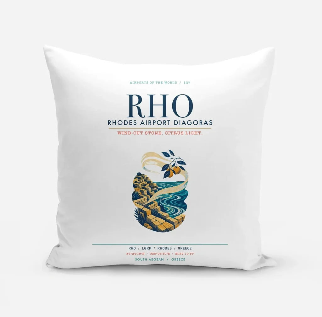 Rhodes Airport Diagoras (RHO) design on white pillow