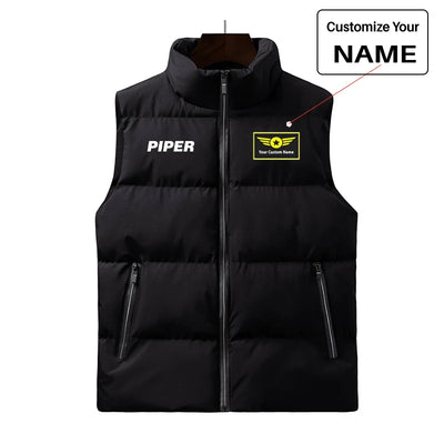 Piper & Text aviation design printed on quilted padding with sleeveless design puffy vest.