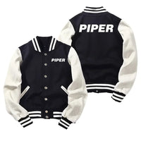 Thumbnail for Piper & Text Baseball Style aviation design printed on two-tone shell with ribbed cuffs baseball jacket.