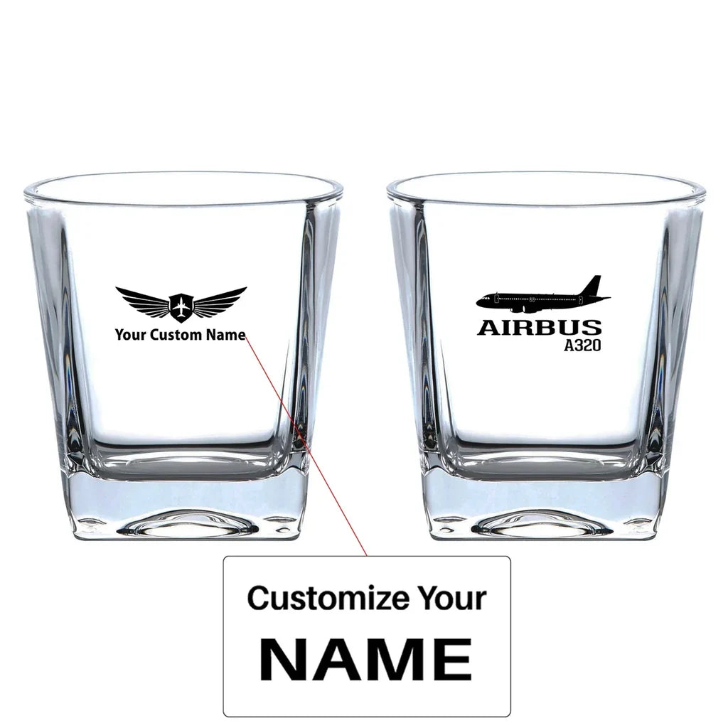 Airbus A320 Printed aviation design on whiskey glass, crystal-clear premium glassware.