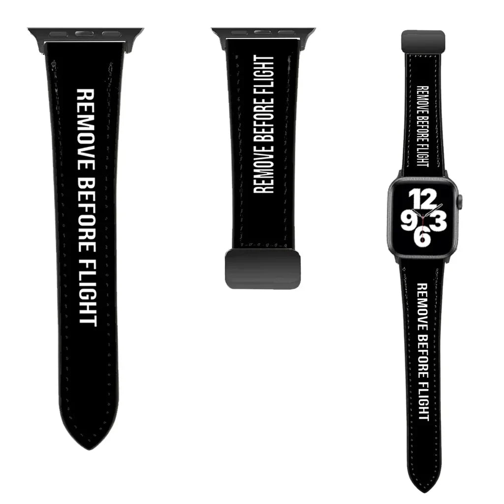 Remove Before Flight leather apple watch band - black