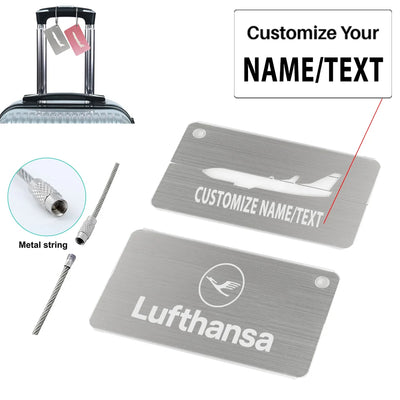 Lufthansa Airlines aviation design aluminum airplane luggage tag, aircraft-grade aluminum construction.