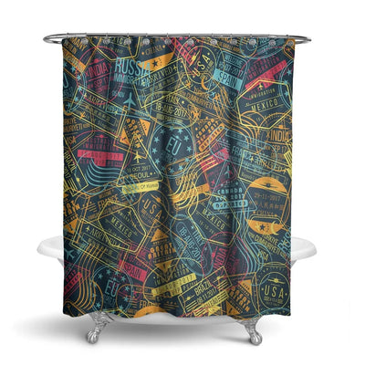 Dark Coloured Passport Stamps aviation design on waterproof polyester shower curtain.