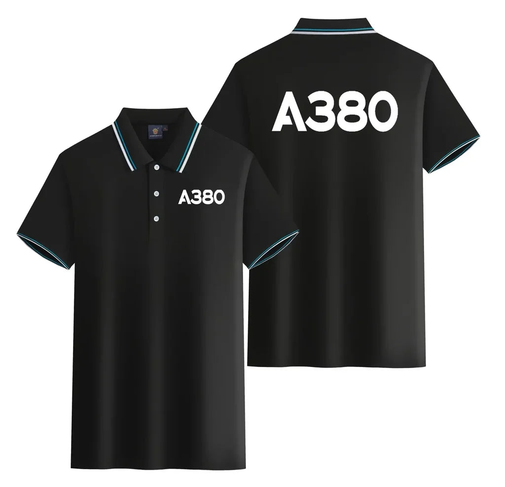 Airbus A380 Flat Text Stylish Polo T-Shirts (Double-Side) aviation design printed on soft cotton stylish double-side polo.