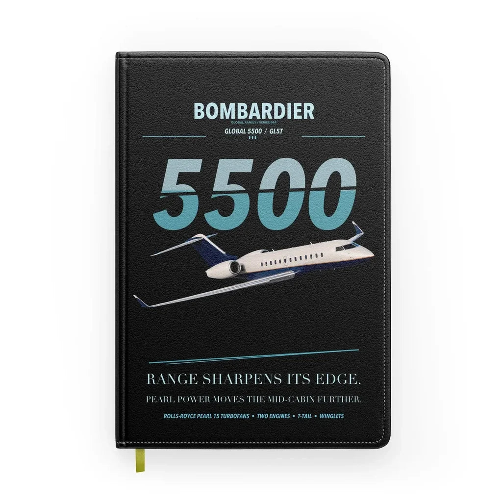 Bombardier Global 5500 design on black notebook
