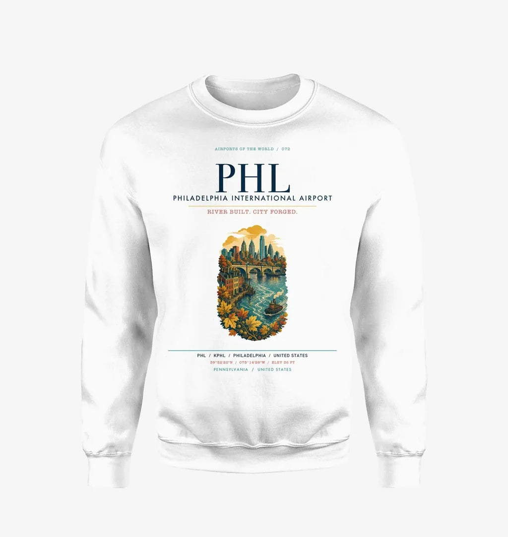 Philadelphia International Airport (PHL) design on white sweatshirt