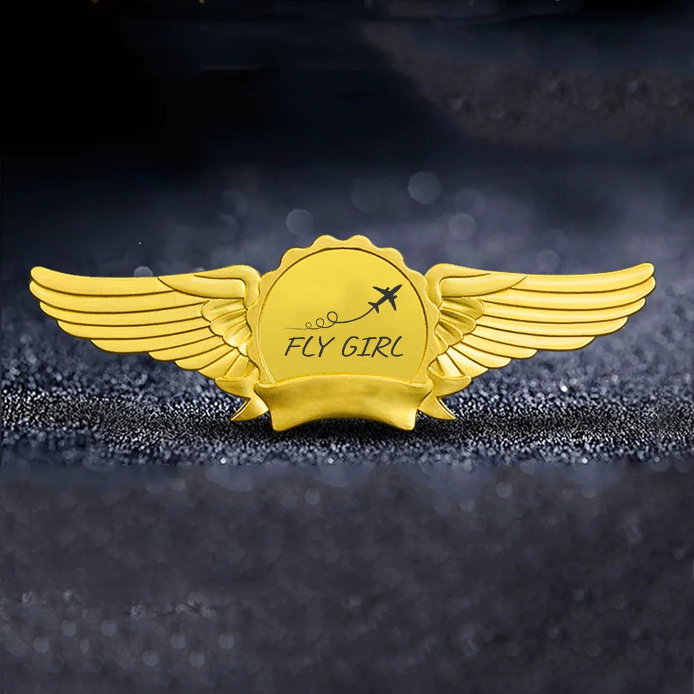 Just Fly It & Fly Girl aviation badge in polished metal.