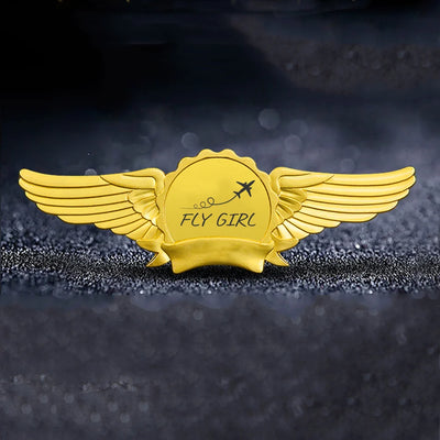 Just Fly It & Fly Girl aviation badge in polished metal.