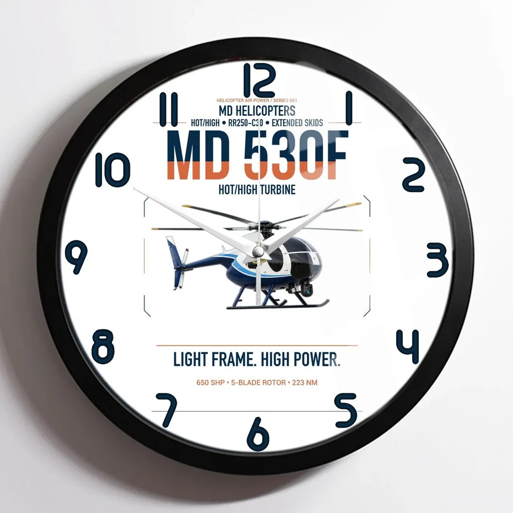 MD Helicopters MD 530F design on white framed wall clock