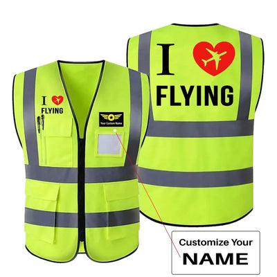 I Love Flying aviation design printed on high-visibility reflective fabric reflective vest.