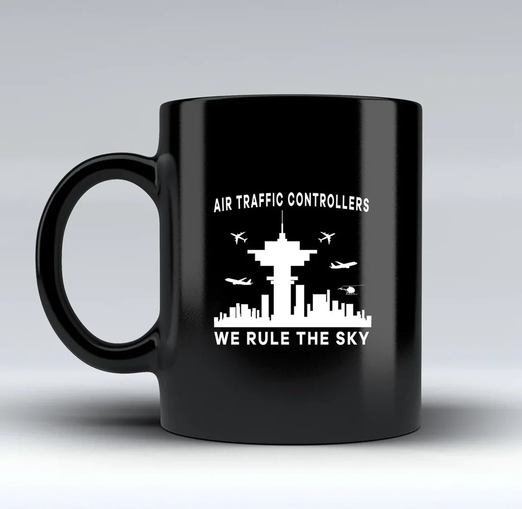 Air Traffic Controllers - We Rule The Sky aviation design on black mug, matte black ceramic finish.
