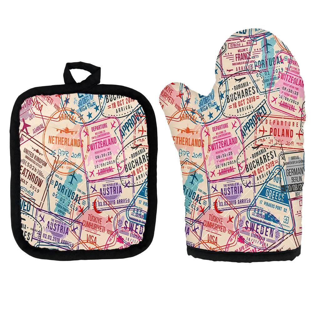 Passport Stamps Kitchen Glove & Holder aviation design on durable fabric with insulated lining kitchen glove holder.
