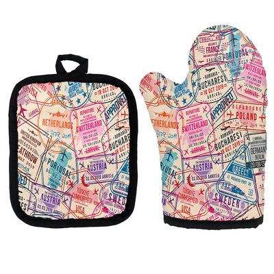 Passport Stamps Kitchen Glove & Holder aviation design on durable fabric with insulated lining kitchen glove holder.