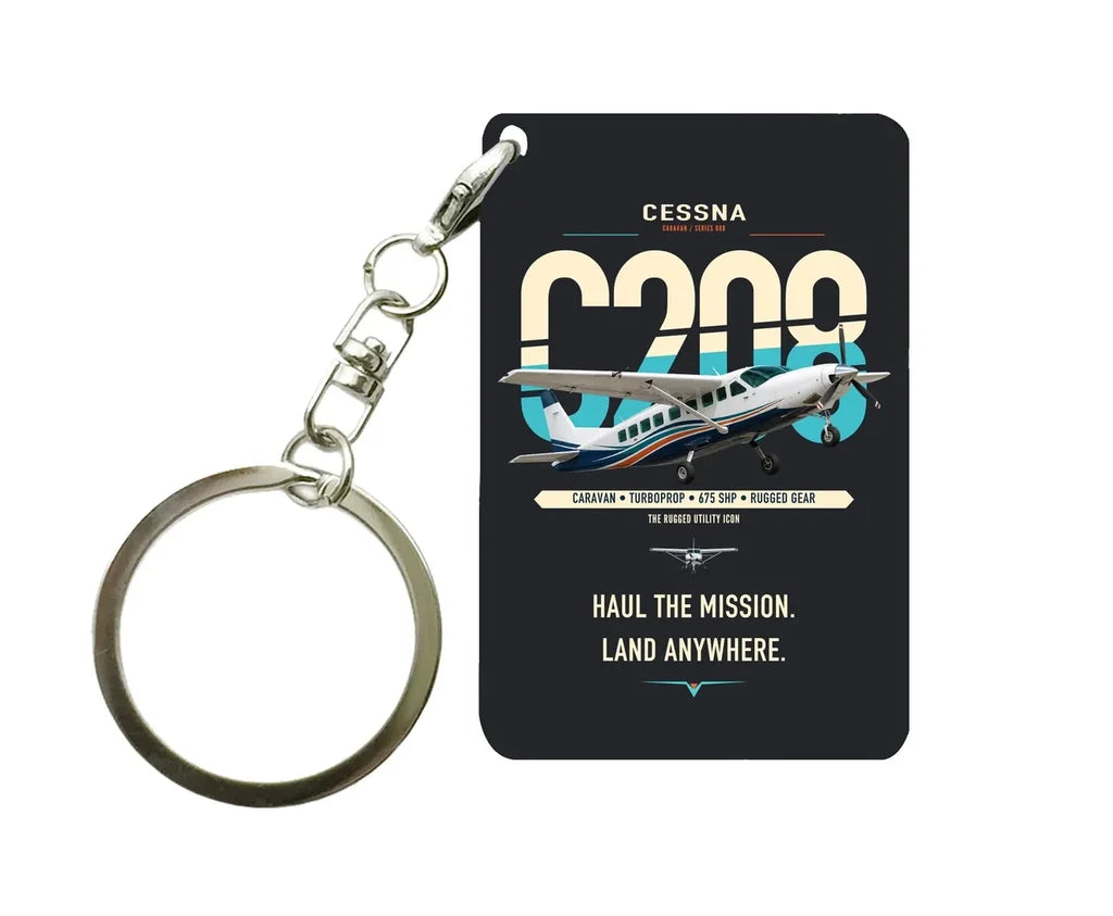 Cessna 208 Caravan design on black designed key chain, double-side print