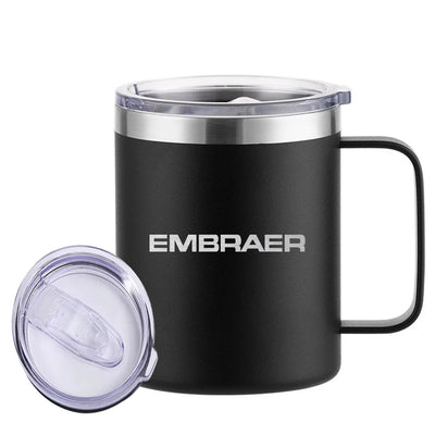 Embraer & Text aviation design on laser-engraved mug, permanent laser engraving on stainless.
