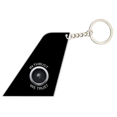 In Thrust We Trust aviation aircraft-tail key chain, acrylic body, metal ring.