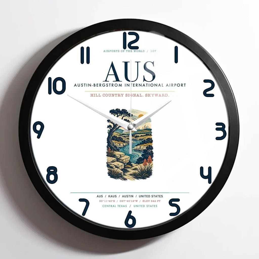 Austin-Bergstrom International Airport (AUS) design on white framed wall clock