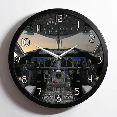 Boeing 787 Cockpit aviation design on premium wood and metal wall clock.