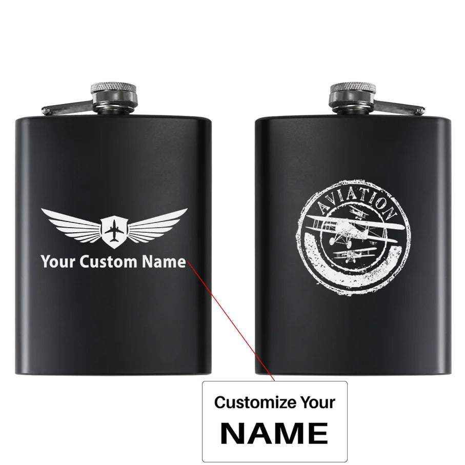 Aviation Lovers aviation design on stainless hip flask, compact pocket-size flask.